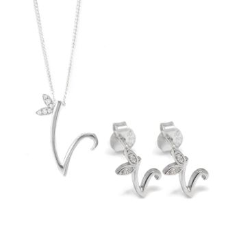 Say It With Winged Initial Earring Gift Set - Silver - V | Size: 18 inches