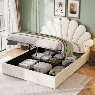 Matteo Double Velvet Upholstered Hydraulic Storage Bed Frame in Beige