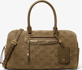 Michael Kors Jet Set Travel Medium Logo Embossed Suede Duffel Crossbody Bag