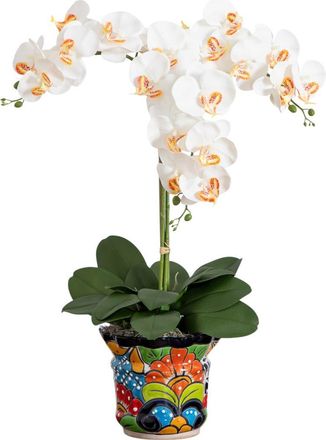 Nearly Natural 27-in Artificial Triple Orchid Arrangement in Handmade Mexican Talavera Ceramic Planter in Green at Nordstrom
