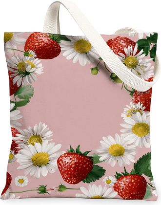 Generic Floral Strawberry Canvas Tote Bags, Vintage Flower Print Reusable Grocery Bags, Lightweight Washable Shoulder Strap Canvas, Peach, 13x15 Inch