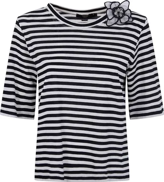 Seventy Cotton Jersey Stripes Boat Neck Flower T-Shirt
