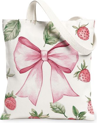 Generic Strawberry Floral Canvas Tote Bags, Vintage Bow Design Reusable Grocery Bags, Lightweight Washable Shoulder Strap Canvas for Summer Travel Beach Picni