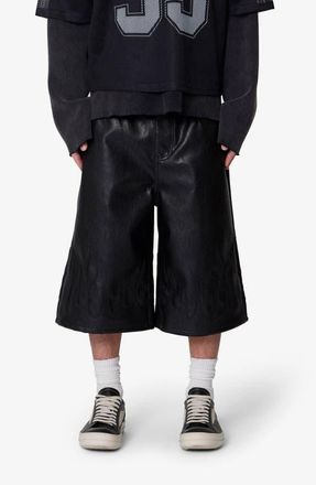 mnml Ultra Baggy Flame Appliqu&eacute; Faux Leather Shorts in Black at Nordstrom, Size 34