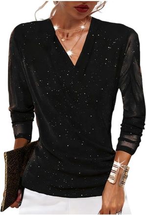 Generic Womens Sparkle Crossover V-Neck Long Sleeve Top, Black Blouses for Women, Black Tunic Tops for Women (Black,5XL)