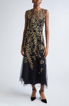 Carolina Herrera Metallic Leaf Embroidered Tulle Gown in Black/Gold at Nordstrom, Size 2