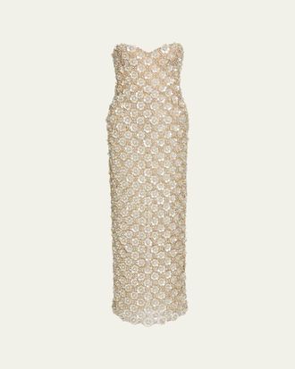 Oscar De La Renta Sweetheart Strapless Pearly Embroidered Column Gown