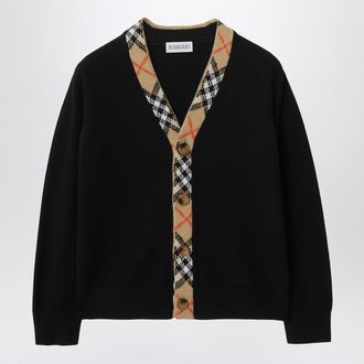Burberry Black Cardigan With Check Motif Trims
