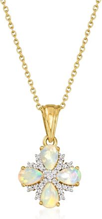 Ross-Simons Ethiopian Opal and White Topaz Floral Pendant Necklace in 18kt Gold Over Sterling
