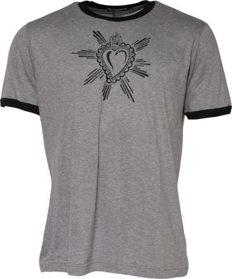 Dolce & Gabbana Mens Heart Graphic Trim Tshirt - Grey Cotton - Size EU 52 (Mens)