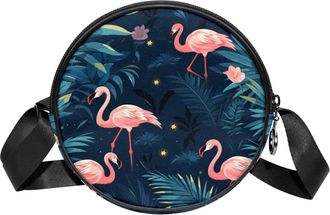 Generic Circle Crossbody Bag for Women, Pink Flamingos Small Sling Bag Daypack with Zipper Adjustable Shoulder Straps Casual Ladies Girls Round Purse