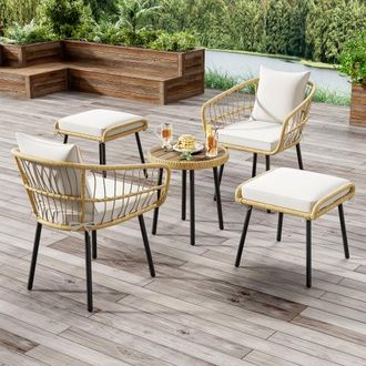 OEM 5-teiliges Garten-lounge-set, Bestehend Aus 1 Esstisch, 2 St&uuml;hlen, 2 Hockern, M&ouml;beln, Rattan, Natur