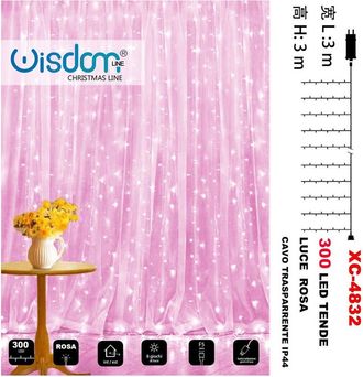 Trade Shop Trade Shop - Tenda Luminosa Natalizia 300led Luce Rosa Cavo Trasparente 8 Giochi Luce Xc-4832