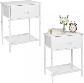 Relaxdays Relaxdays Juego De 2 Mesitas De Noche, Caj&oacute;n Y Estante, Hbt: 55 X 40 X 30 Cm, Moderno, Efecto Madera Y Metal, Blanco