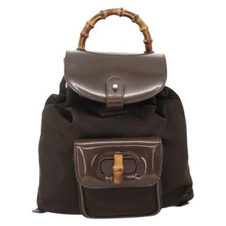 Gucci Vintage Bamboo Backpack Nylon And Patent Leather Brown Nylon Backpack Bag (Pre-Owned)