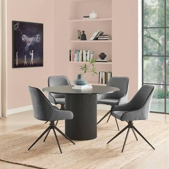 Furniturebox Penrose Black Round Dining Table & 4 Beaumont Fabric Swivel Chairs in Grey
