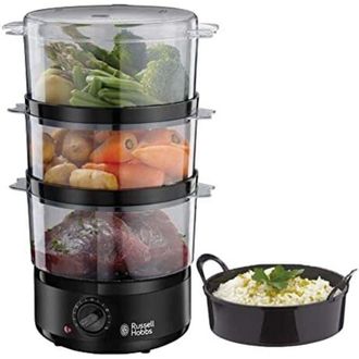 Russell Hobbs Vaporiera 7 l - Piccola - Timer da 60 minuti e spegnimento automatico 3 contenitori per cottura a vapore lavabili in lavastoviglie e Ciotola per riso
