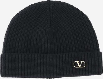 Valentino Garavani Mens Beanie Hat Vlogo Black Cashmere