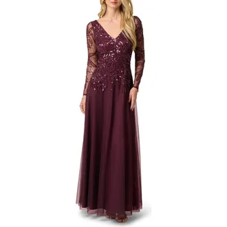 Adrianna Papell Sequin Leaf Long Sleeve A-Line Gown in Night Plum at Nordstrom, Size 16