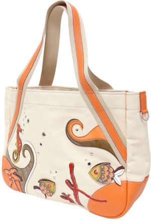 Prada Off-White Orange Canvas Leather Tote Bag (Pre-Owned)