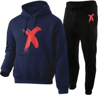 Generic Mens Tracksuit Set Print Hooded Long Sleeve Sweatshirt and Elastic Waist Trousers Two Piece Outfit Casual Sportswear Loungewear Tracksuit