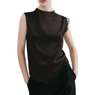 Mango Lace Trim Asymmetric Satin Top in Brown at Nordstrom, Size Medium