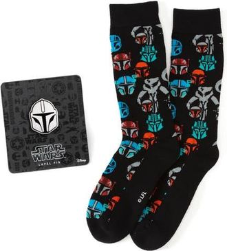 Cufflinks Inc. Mandalorian Mythosaur Crew Socks & Helmet Lapel Pin Gift Set in Black Multi at Nordstrom, Size 10-13