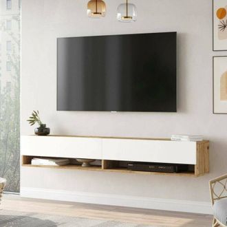 Dmora Dmora - Mueble De Televisi&oacute;n Eirene, Aparador De Sal&oacute;n, Mueble Bajo Para Tv, Base De Pared Equipada, 180x32h29 Cm, Roble Y Blanco, Con Embalaje Reforz