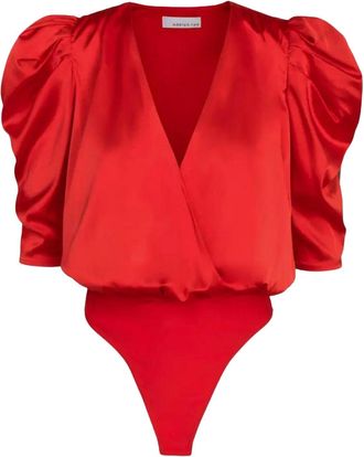 Adelyn Rae Lila Wrap-Effect Sateen Bodysuit In Chili Red