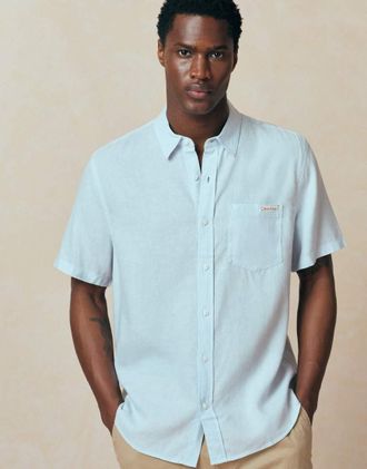 Calvin Klein Jeans Camicia casual a maniche corte in lino azzurra-Blu