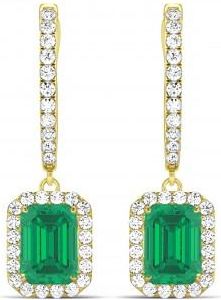 Allurez Emerald Shape Lab Emerald & Diamond Halo Dangling Earrings 14k Yellow Gold (1.70ct)