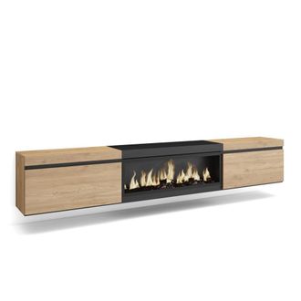 Skraut Home Mueble tv efecto madera roble y negro 267x35x45 chimenea efecto fuego