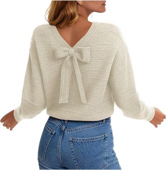 Generic Women Open Back Bow Tied Long Sleeve Pullover Casual Crew Neck Sweaters Fall Winter Trendy Clothes Solid Knitted Pullover Tops for Women UK White