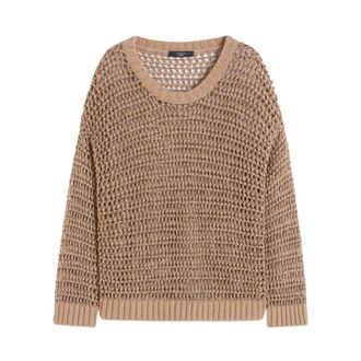 Max Mara Round-neck Knitwear, female, Brown, Size: XS Linen and Cotton Mesh Jumper