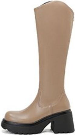 Generic Womens Knee-High PU Boots Round Toe Thick Platform Block Heels Side Zipper Stretch Fit Sleek Design Soft Lining Cushioned Insole Durable Non-Slip Outs