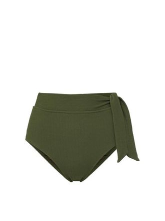 Change of Scenery Side Tie High Waist Bikini Bottom with Full Coverage in Olive Texture at Nordstrom, Size X-Small