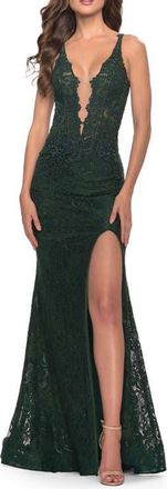 La Femme Long Lace Dress with Plunging Neckline in Dark Emerald at Nordstrom, Size 6
