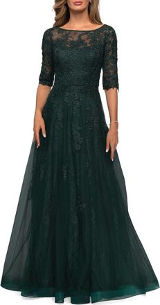 La Femme Lace and Tulle A-line Gown with Three Quarter Sleeves in Emerald at Nordstrom, Size 10