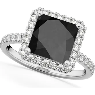 Allurez Princess Cut Halo Black Onyx & Diamond Engagement Ring 14K in 3.47Ct/white Gold at Nordstrom, Size 8.5