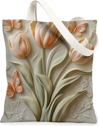 Generic Spring Relief Tulip Flower Canvas Tote Bag for Shopping 13x15, Luxury Floral Wildflower Reusable Grocery Print Pattern Bag for Women, Garden Beach Aes