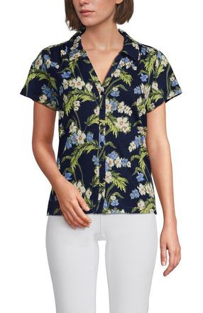 Lands End Linen Blend Short Sleeve Button Front Polo Top in Deep Sea/blue Floral Tropic at Nordstrom, Size X-Large
