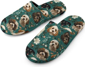 Generic Dogs And Flowers Mens Flannel Slipper Soft Comfy House Shoes Non Slip Winter Warm Indoor Outdoor Slippers