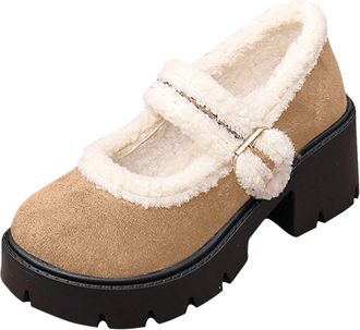 Generic Khaki Female Casual Round Toe Plus Velvet Thick Heel Thick Bottom Loafers Mid Heel Sturdy Construction