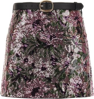 Self Portrait Floral Sequin Mini Skirt - Dames - Korte rokken - Roze - 2XS - Leer - Rokken
