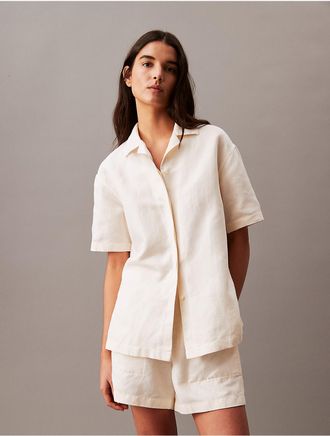 Calvin Klein Womens Linen Blend Camp Button-Down Shirt - White - XS