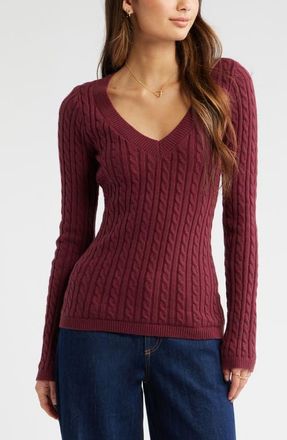 BP. Cable Stitch V-Neck Sweater in Burgundy Tannin at Nordstrom, Size Xx-Small