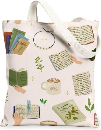 Generic Artistic Vintage Canvas Tote Bags, Book and Plant Pattern Reusable Grocery Bags, Lightweight Washable Shoulder Strap Canvas, Peach, 13x15 Inch