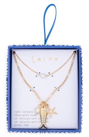 Leith Set of 2 Freshwater Pearl & Fish Charm Necklaces in White- Gold at Nordstrom Rack