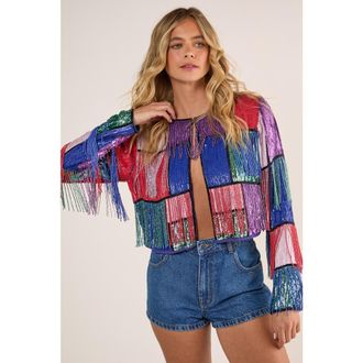 NASTY GAL Colour Block Check Tassel Sequin Jacket in Multi at Nordstrom, Size 2