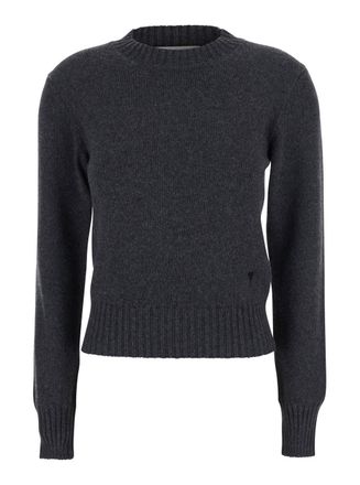 Ami Brown Crewneck Sweater With Adc Embroidery In Cashmere Woman